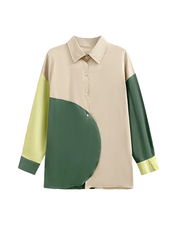 Long Sleeves Roomy Asymmetric Contrast Color Geometric Split-Joint Lapel Blouses&Shirts Tops