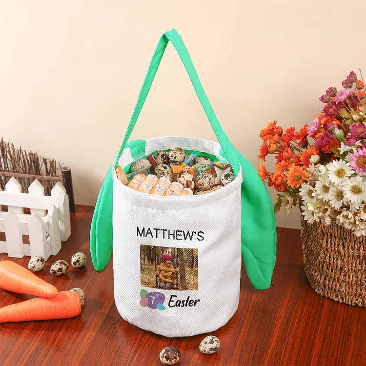 Personalized Photo Bunny Tote Bag Custom Name & Text & Number Bucket Bag Bunny Basket Easter Gifts