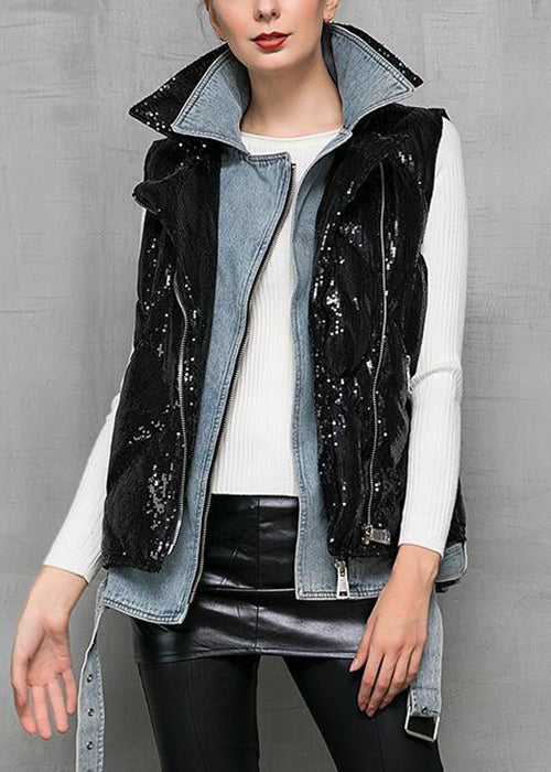 Simple Navy Peter Pan Collar Print Patchwork Button Denim Waistcoat Fall main image 1