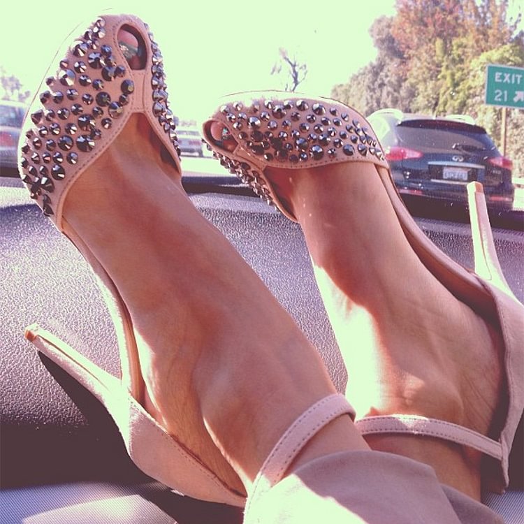 Blush Vegan Suede Studs Shoes Stiletto Heel Ankle Strap Sandals |FSJ Shoes