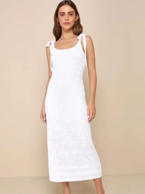 White Crochet Tie-Strap Midi Dress