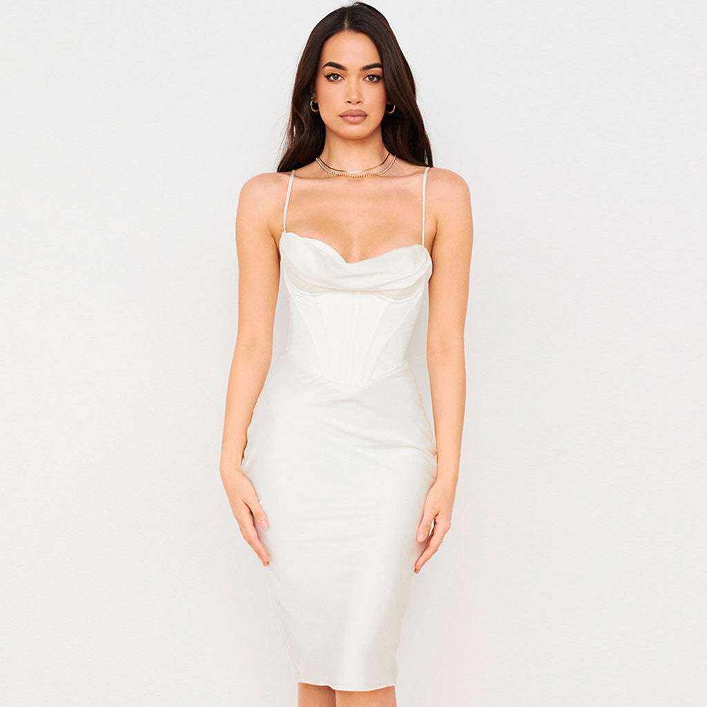 Glossy Satin Cowl Neck Underwire Bustier Corset Midi Dress White