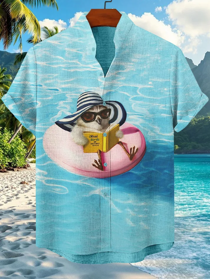 Men's Chicken Reading A Book On A Swimming Ring Vacation Art Print Casual Shirt