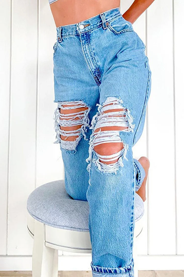 The cowboy blue Casual Solid Ripped Make Old Split Joint High Waist Straight Denim Jeans