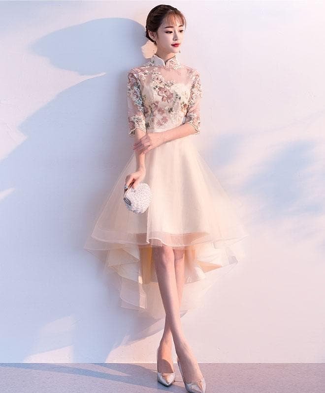 Champagne Tulle Lace Applique Short Prom Dress