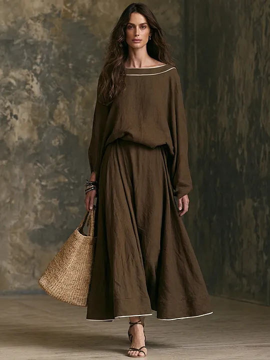 Women's Off-Shoulder Linen Top & Maxi Skirt Set With Contrast Trim MD