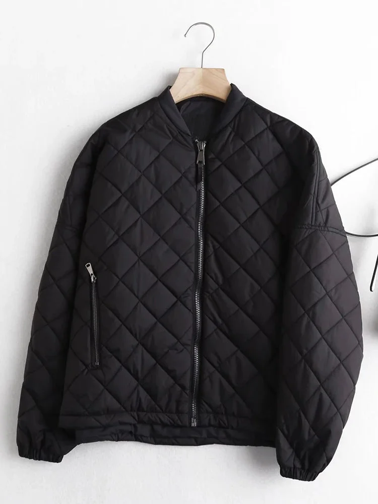 Tlbang New Autumn Women Oversize Quilted Flight Jacket Vintage Black Long Sleeve Female Zipper Outerwear Loose Coat