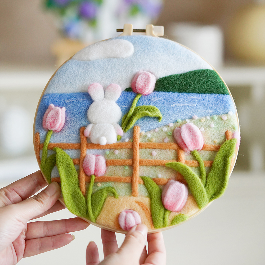 Wool Felting Painting Kit With Frame Rabbit And Flowers Diy - Temu