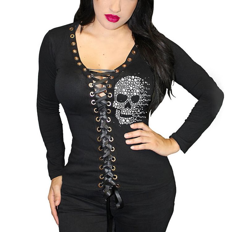 Womens Lace-Up Vintage Skull Printed Long Sleeve T-Shirt