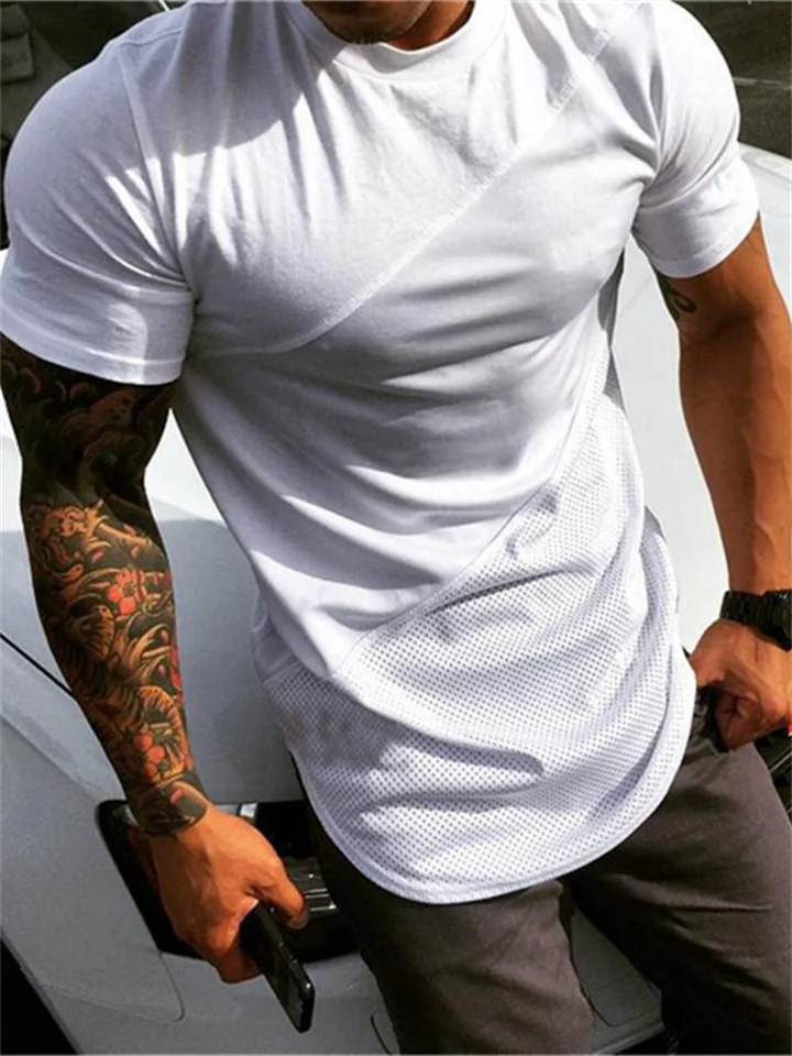 Solid Color Long Men's Casual Breathable T-shirt Men's Sports Fitness Splicing Short Sleeve-JRSEE
