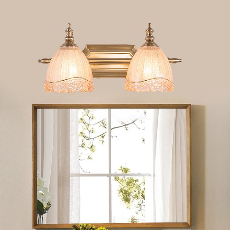 Brass 2 Lights Vanity Wall Lighting Traditional Carved Glass Domed Wall Sconce Lamp for Bathroom
