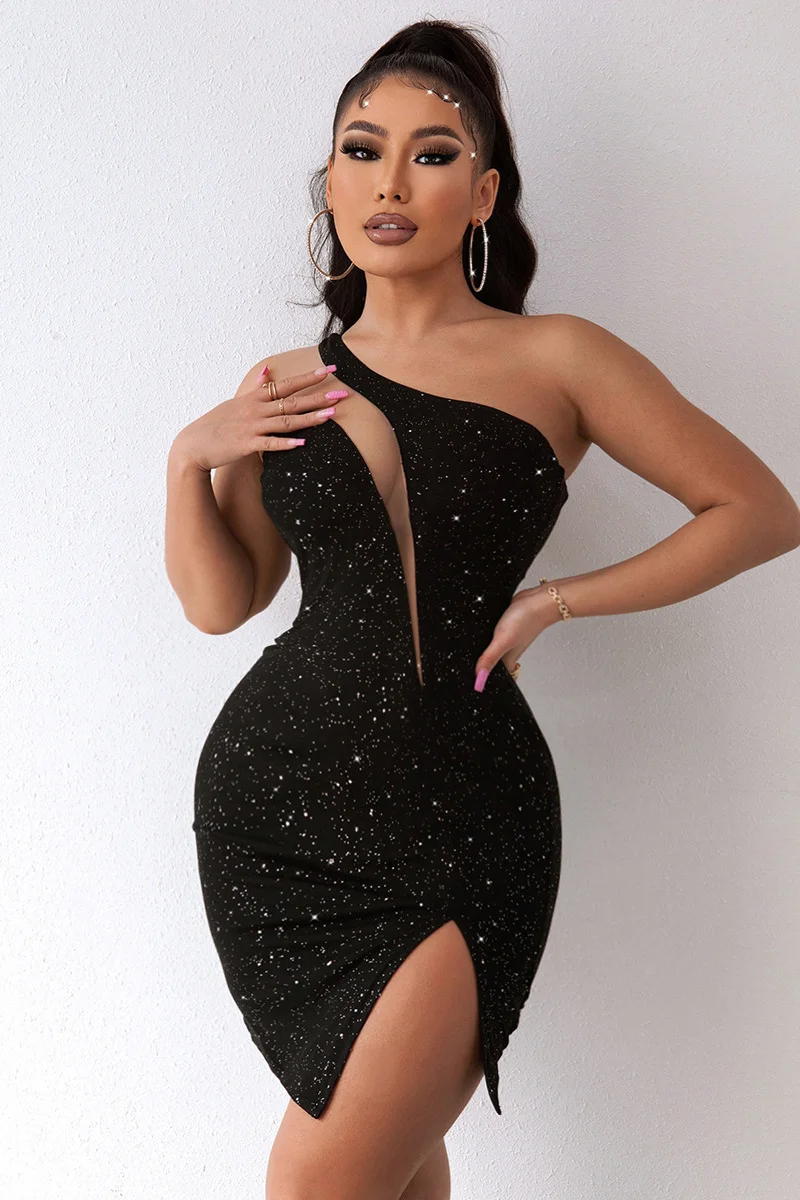 Miabel Black Glitter Slit One Shoulder Gap Design Short Mini Homecoming  Dress