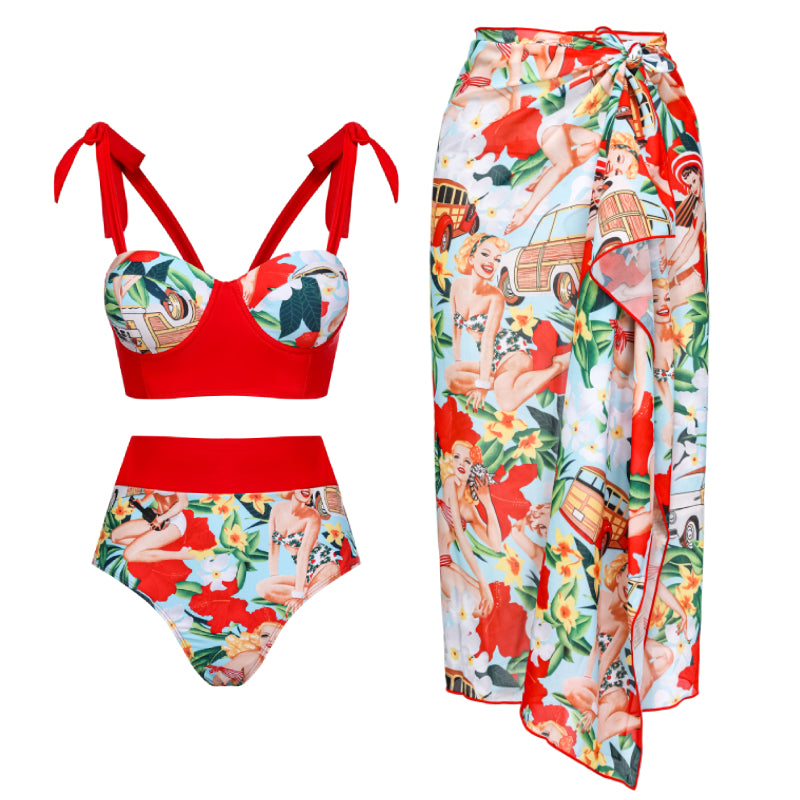 Bowknot Tie Shoulder Printed Bikini Swimsuit And Sarong Ladylim