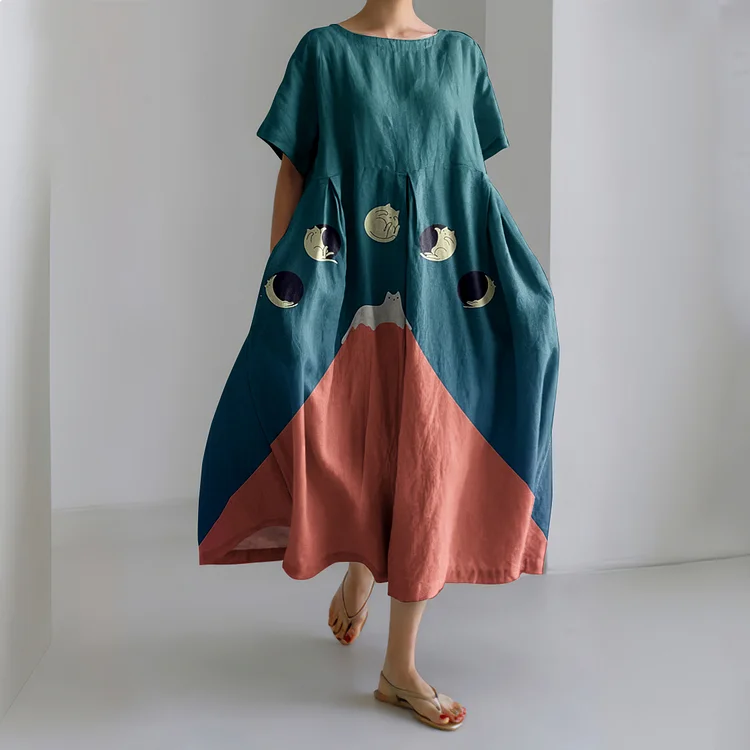 Abstract Creative Good Night Cat Painting Art Linen Blend Dress