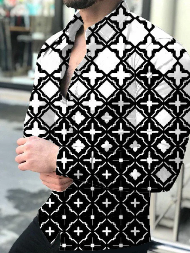 Black and white fashion casual geometric Flower Print Long Sleeve Shirt