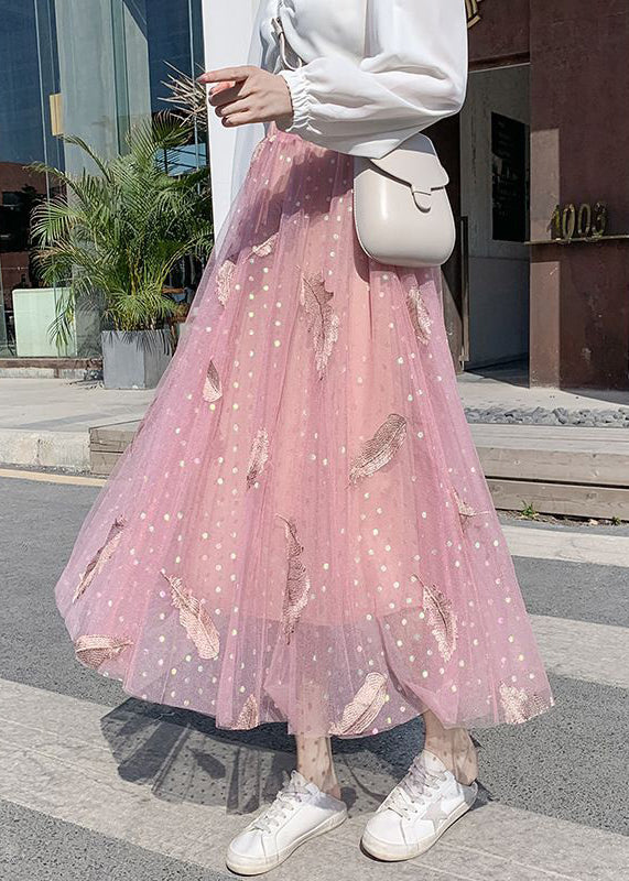 Women Pink High Waist Patchwork Pleated Tulle Fall Skirts