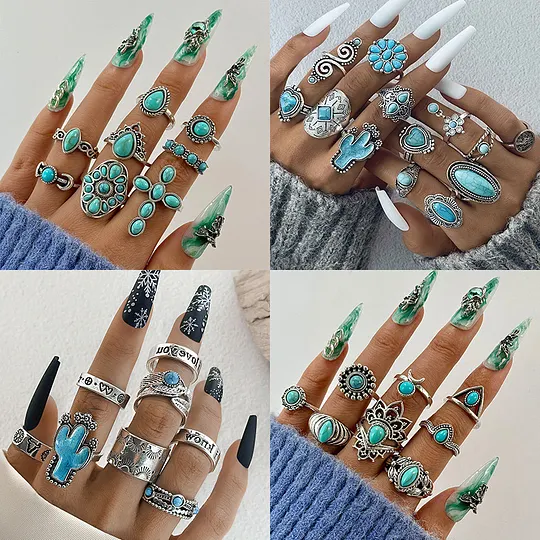 Bohemian Vintage Turquoise Cross Lightning Ring Set