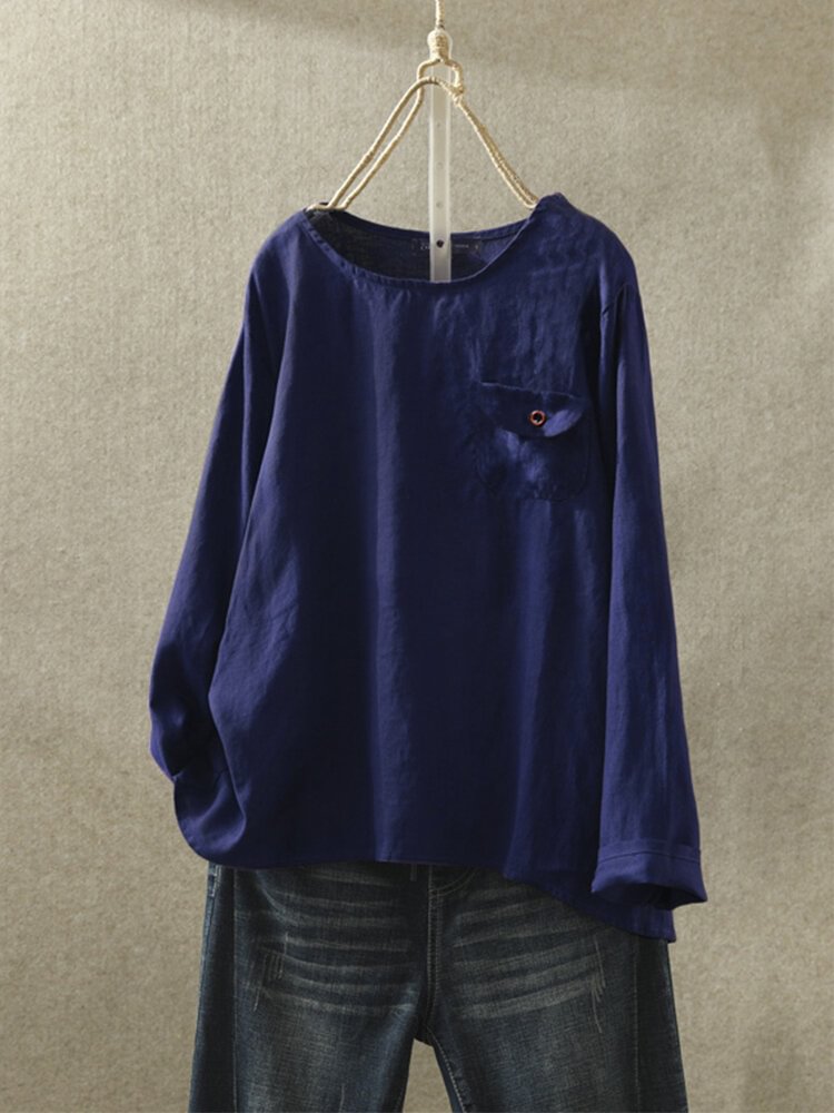 Solid Color Split Back Hem O neck Chest Pocket Long Sleeve Shirt P1713792