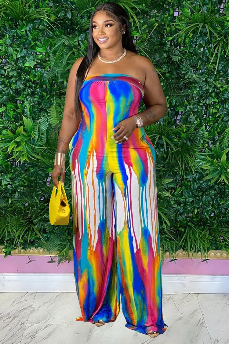 Pattern Print Boat Neck Strapless Wide Leg Vacation Jumpsuit