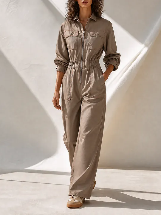 Women's Utility Zip-Front Collared Elastic-Waist Long-Sleeve Wide-Leg Jumpsuit MD