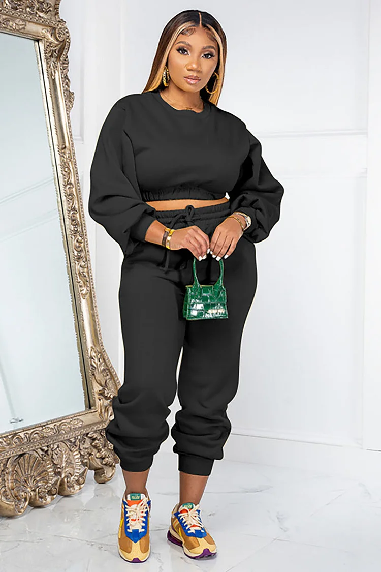 Round Neck Lantern Sleeve Crop Sweatshirts Drawstring Jogger Pants Casual Two-Piece Set