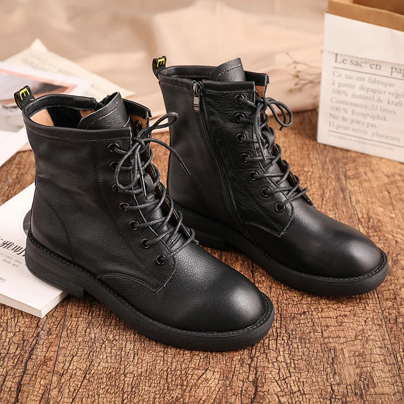 Martin Boots For Women Handmade Lace-Up Round Toe Leather Ankle Booties Platform Boots in Black/Coffee/Brown