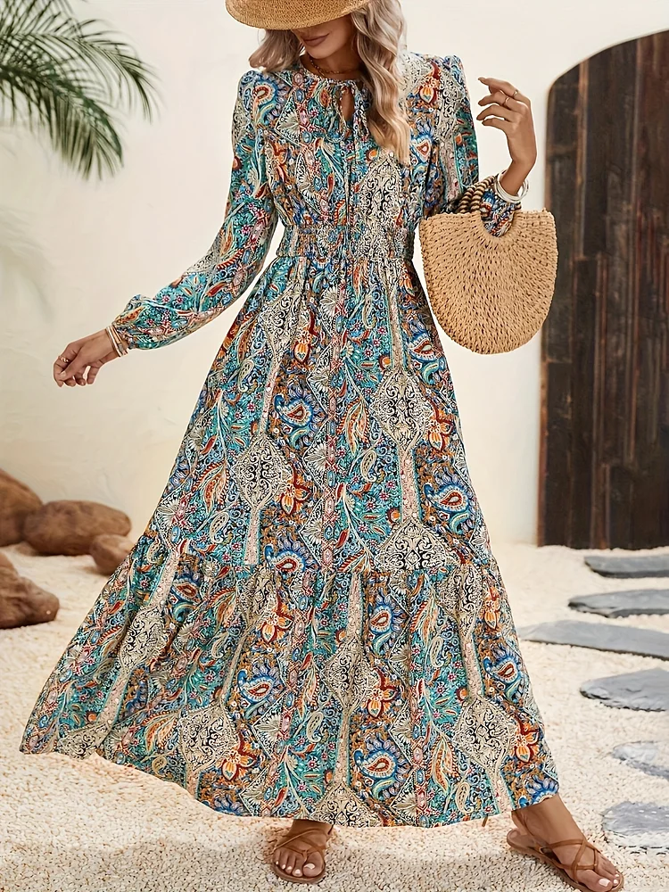 Boho Chic Paisley Lantern Sleeve Dress - Tie-neck with Cinched Waist, Versatile for Casual and Festive Occasions, Women’s Apparel