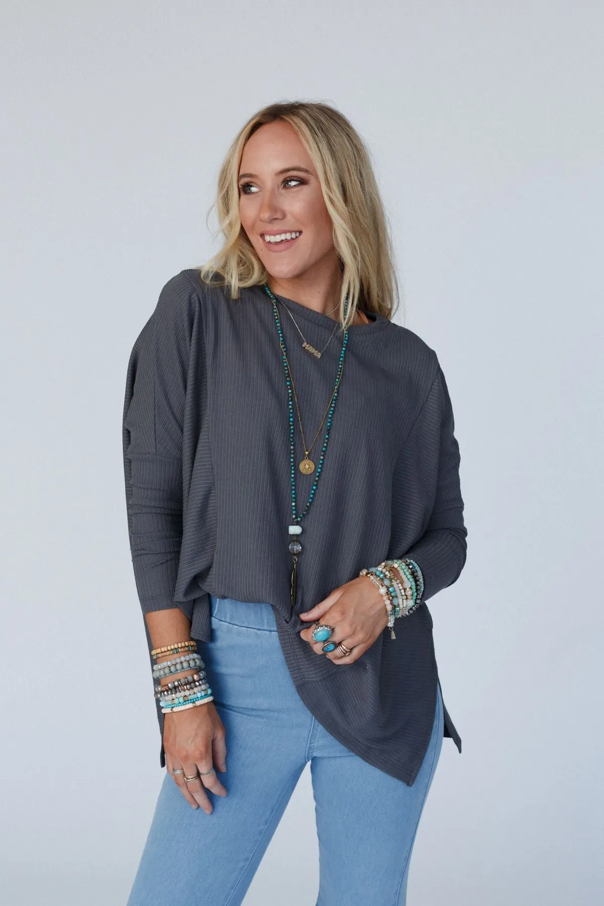 The Nest Rosemary Contrast Long Sleeve Top - Charcoal