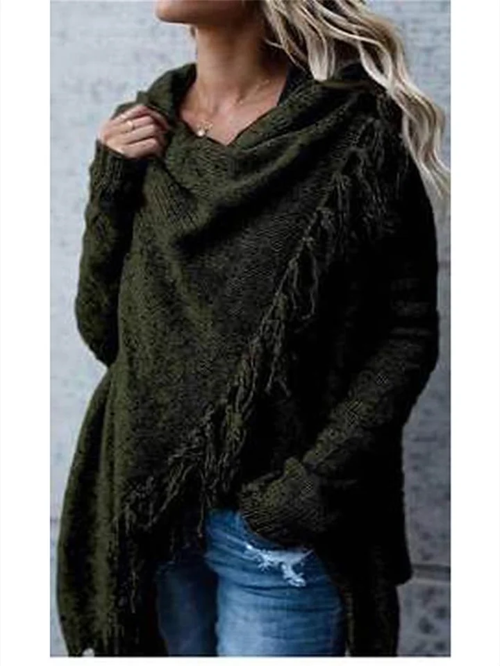 Women's Poncho Sweater Jumper Knit Tunic Tassel Knitted Solid Color Crew Neck Basic Stylish Daily Going out Winter Fall Army Green Khaki S M L / Long Sleeve / Casual / Beach / Loose Fit