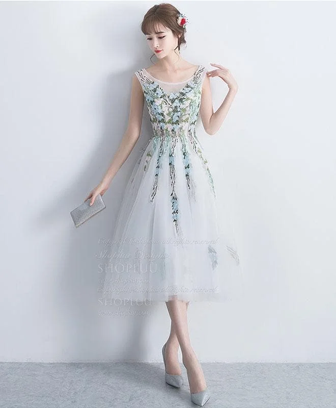 White Round Neck Tulle Lace Applique Short Prom Dress, Homecoming Dress