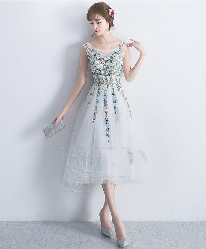 White Round Neck Tulle Lace Applique Short Prom Dress, Homecoming Dress
