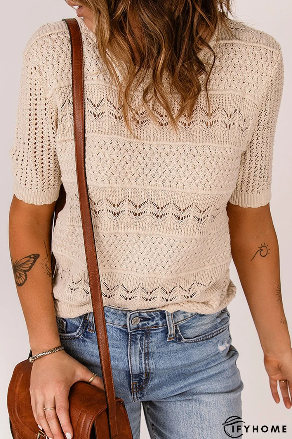 Apricot Crochet Hollow-out Short Sleeve T-shirt | IFYHOME