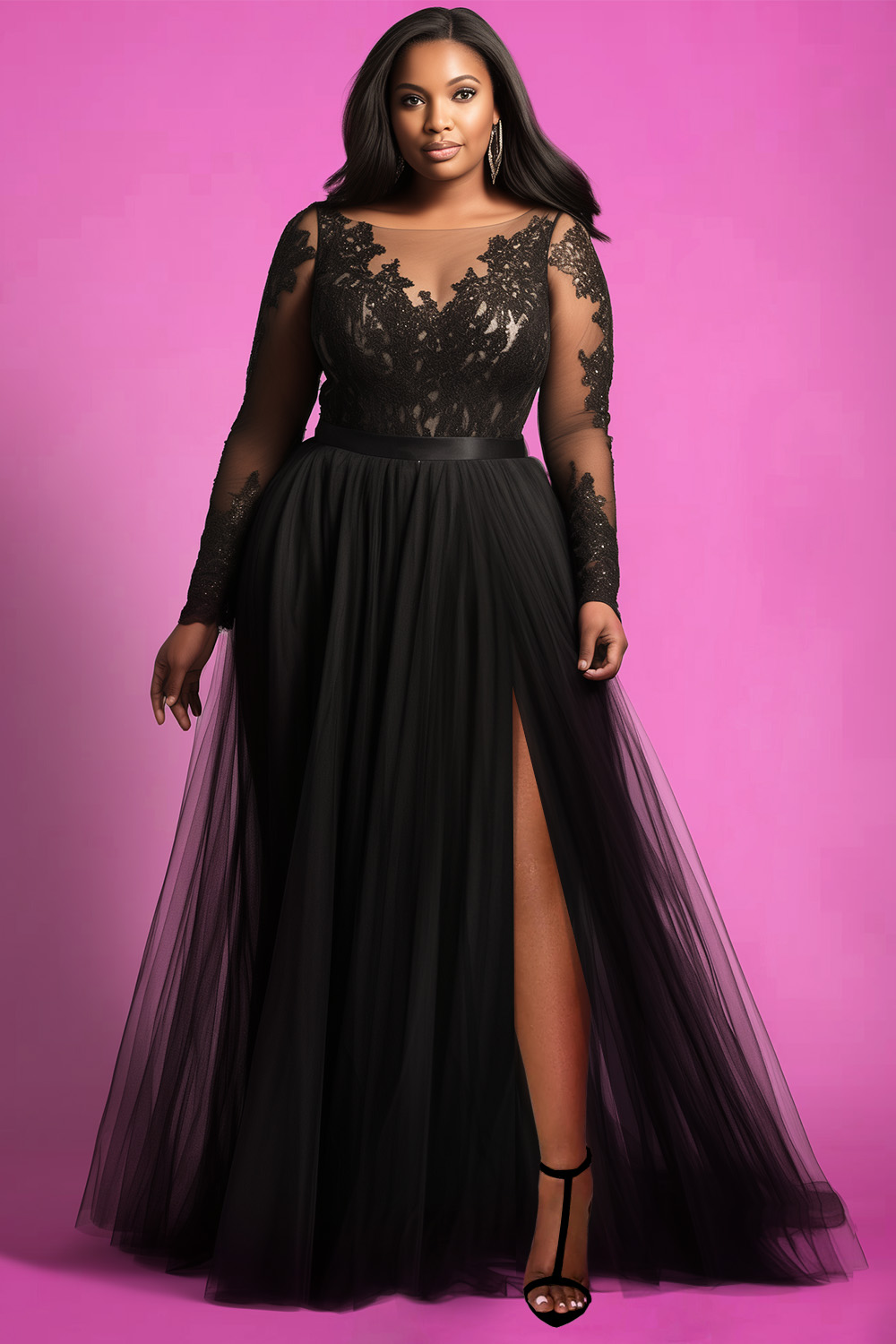 Plus size shops black maxi dress with sleeves