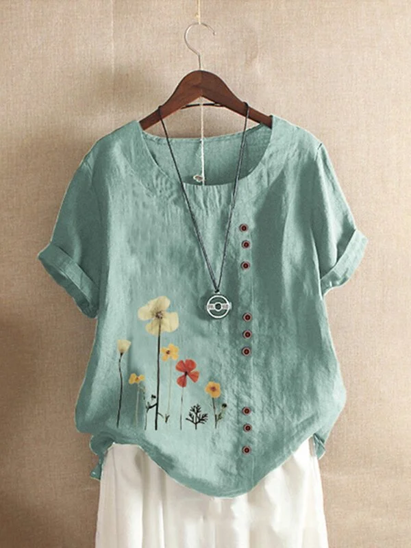 Flowers Print Comfy Loose Linen Shirt