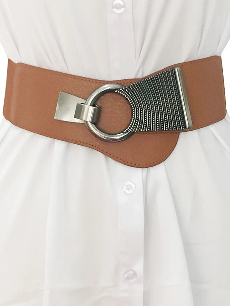 Fashion Solid Color Metal Buckle Wide Elastic Belt