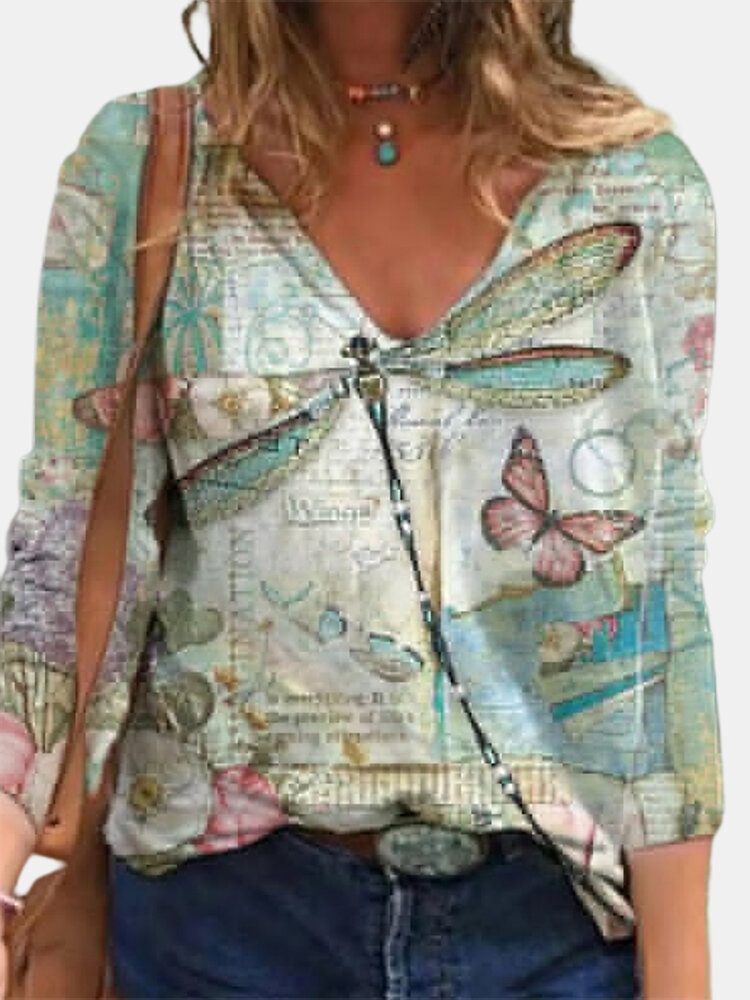 Dragonfly Flower Print Long Sleeve V neck Vintage Blouse For Women P1737540