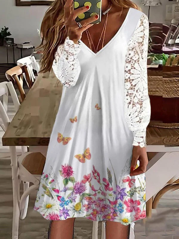 Butterfly Lace Hollow Cotton Blend Casual Dress