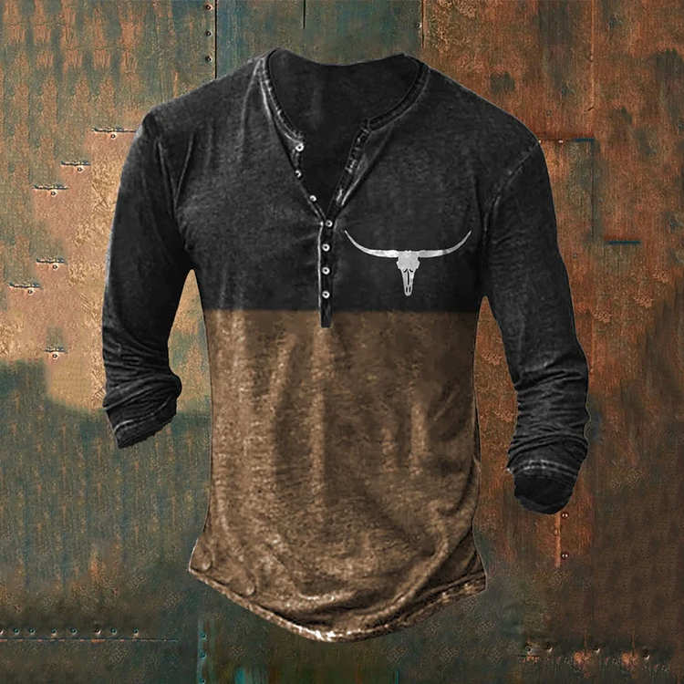 Men'S Retro Western Contrasting Color Bull Head Henry T-Shirt