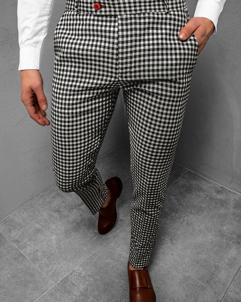 Men's black and white plaid casual pencil pants