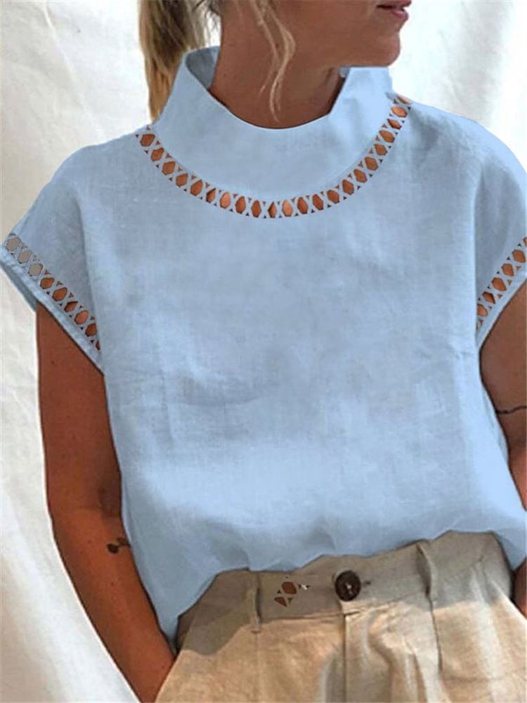 Solid Color Cutout Turtleneck Short Sleeve Blouse