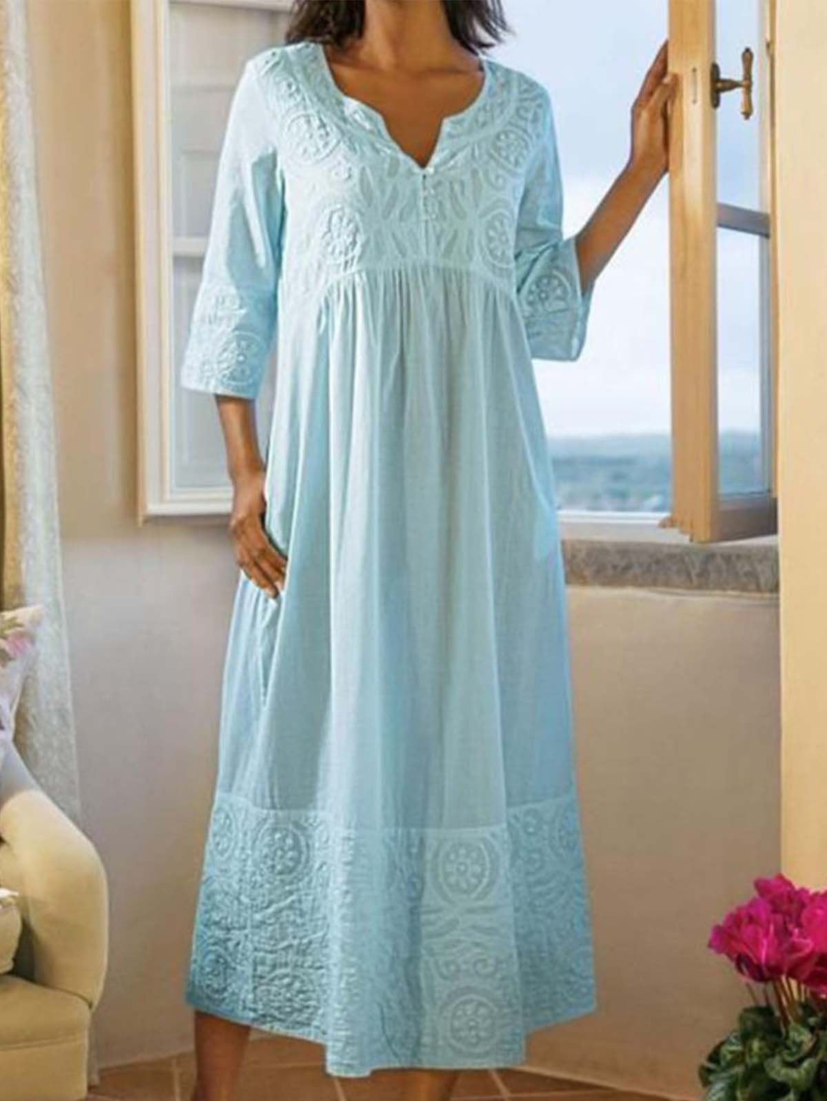 Fashion Retro Solid Color Casual Cotton Linen Loose Oversized Midi Dress