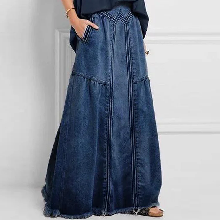 Cross-border new European and American plus size women's denim skirt with straps, brushed elastic waist, simple skirt for women_ ecoleips_old