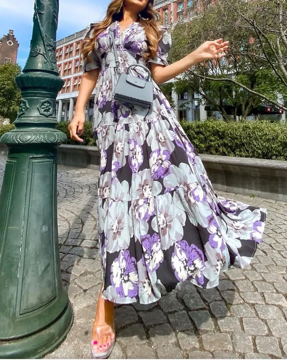 Puff Sleeve Printed Waist Dress