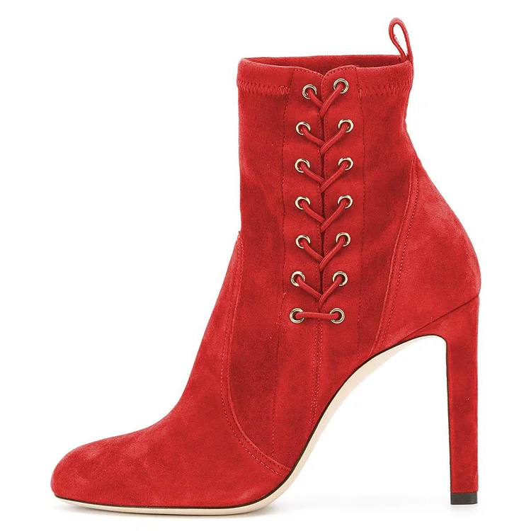 Red Suede Lace-Up Stiletto Ankle Boots Vdcoo