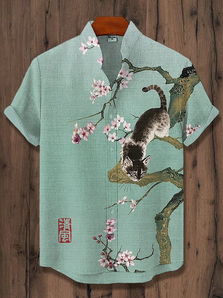 Men's Japanese Sakura Cat Print Casual Shirt