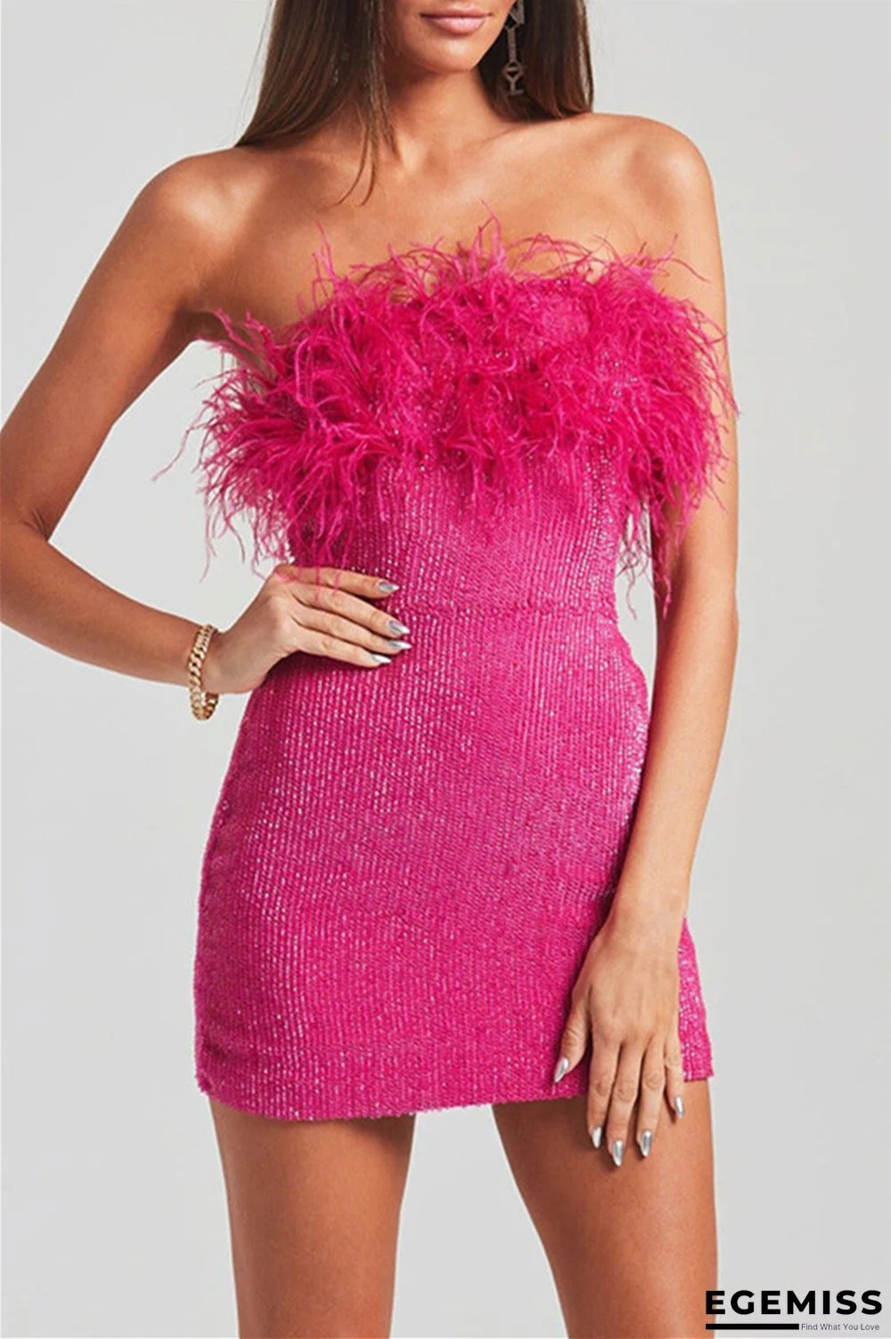 Deep Pink Sexy Patchwork Sequins Feathers Backless Strapless Sleeveless Dress Dresses | EGEMISS
