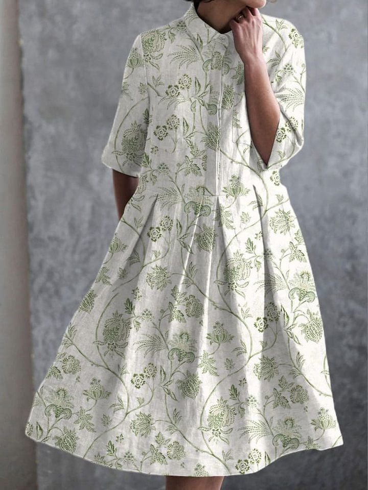 Women's Pastoral Flowers Print Pocket Cotton Dress