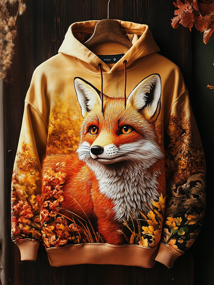 Maple Leaf Fox Print Long Sleeve Hoodie