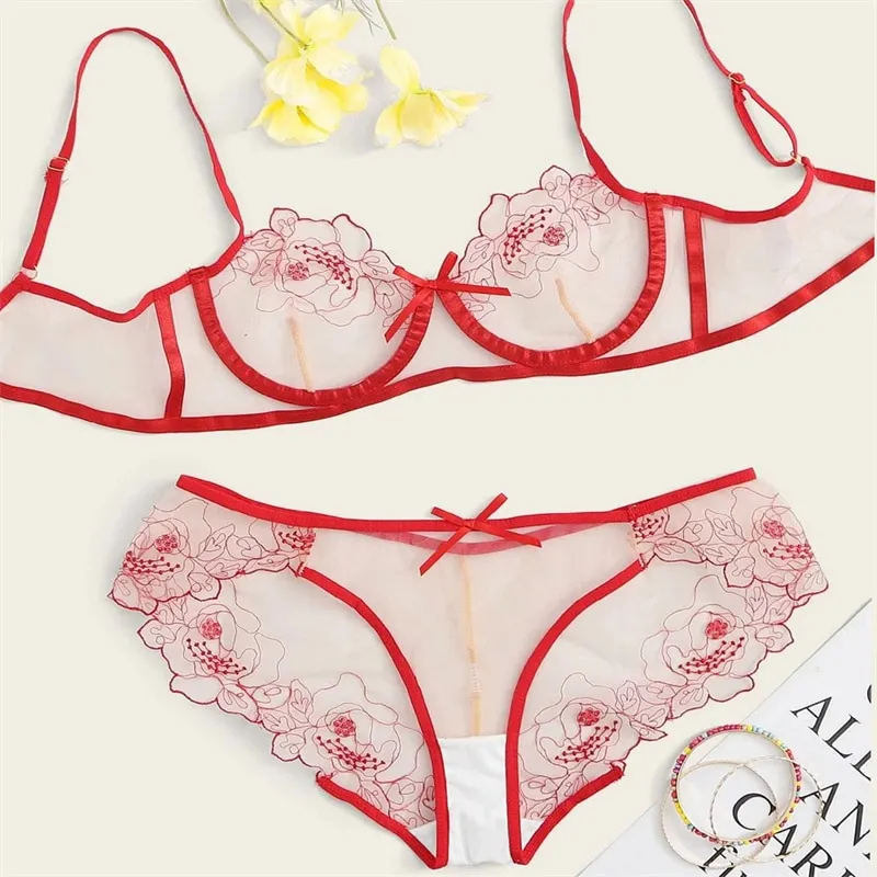 Billionm Embroidered Bra Set Sensual Lingerie Woman Mesh See Through