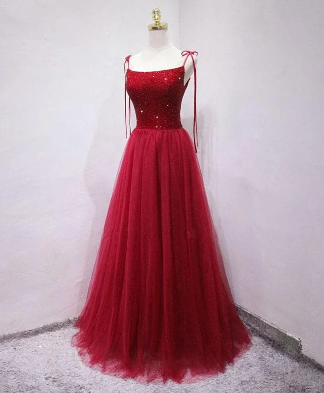 Burgundy Tulle Beads Long Prom Dress, Burgundy Tulle Formal Dress